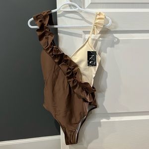 BIKINX One Piece Swimsuit - brown and cream with ruffles.  Size Small. NWT‎